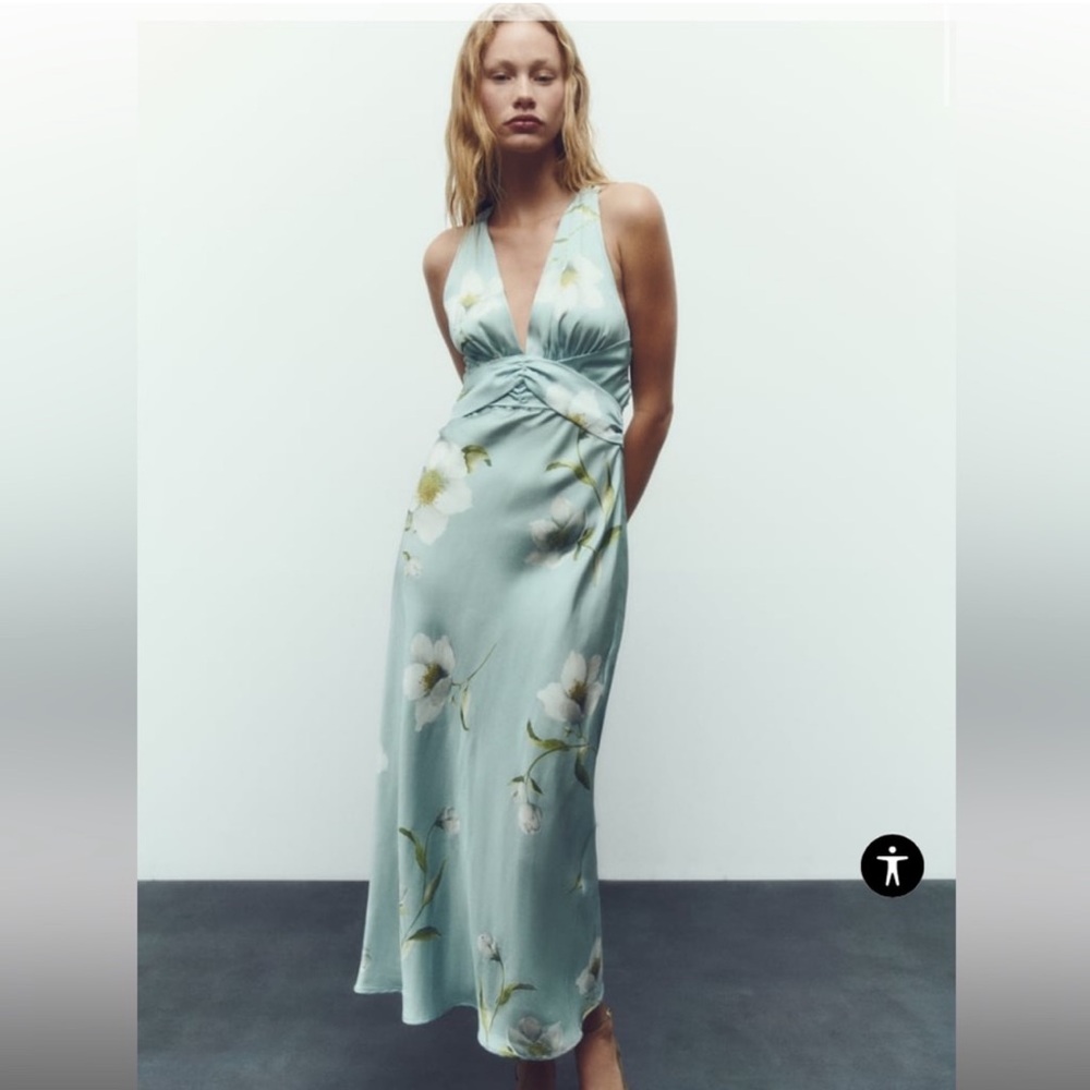 NWT Zara Satin Effect Light Blue Floral Midi Cross Back Dress